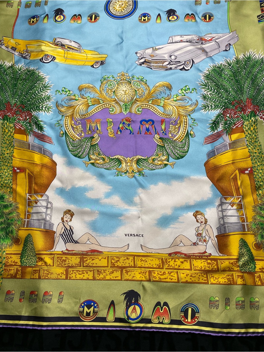 Vintage Gianni Versace Silk Scarf Miami Florida Tropical Cars Palm Trees 34x33